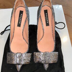 Rochas Paris Silver Metallic Bow Pumps Pointed Top Kitten Heels, Italy, Sz EU 37